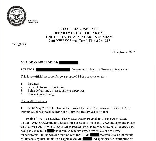 An appeal from a U.S. Army Sergeant after being suspended for numerous claims, which she refutes in this document