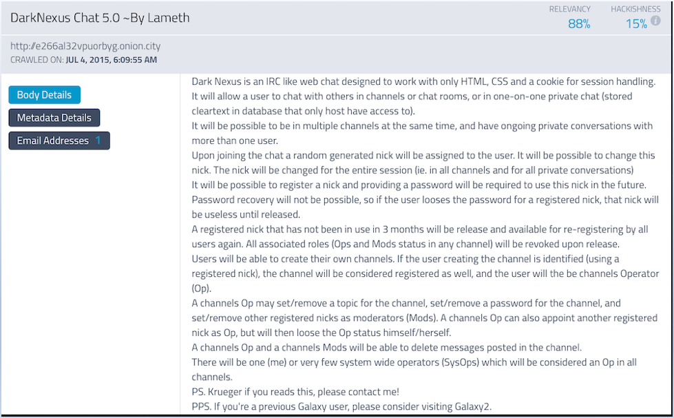 Figure SEQ Figure \* ARABIC
2 - DarkNexus Chat Description by Lameth (2015, Source: DarkOwl Vision )