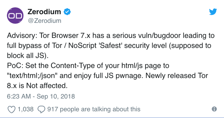 Figure 2 Zerodium Tweet posted on 10 September 2018 ( Source )