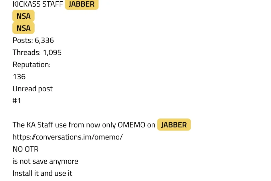 Screenshot from DarkOwl Vision from November 2018, mentioning that Kickass staff only use OMEMO, not OTR.