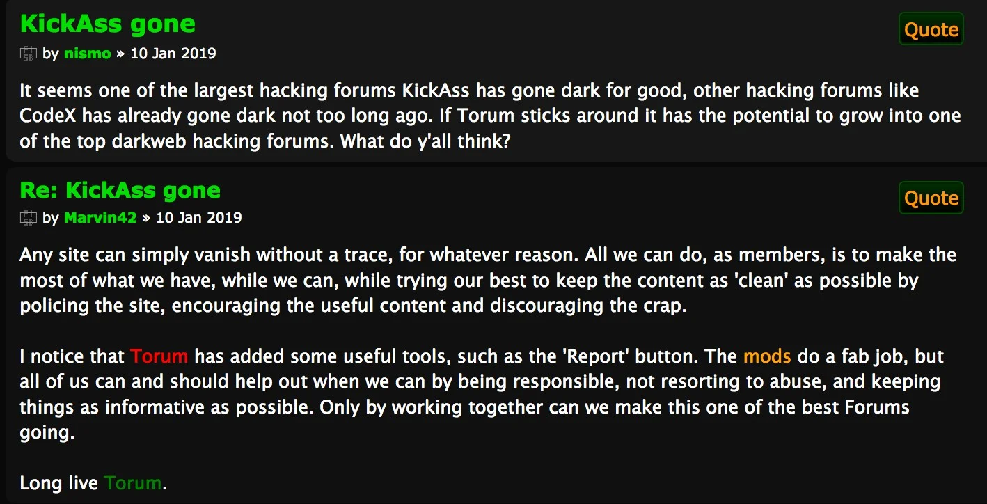 Screenshot of Torum discussion about the KickAss forum disappearance.
