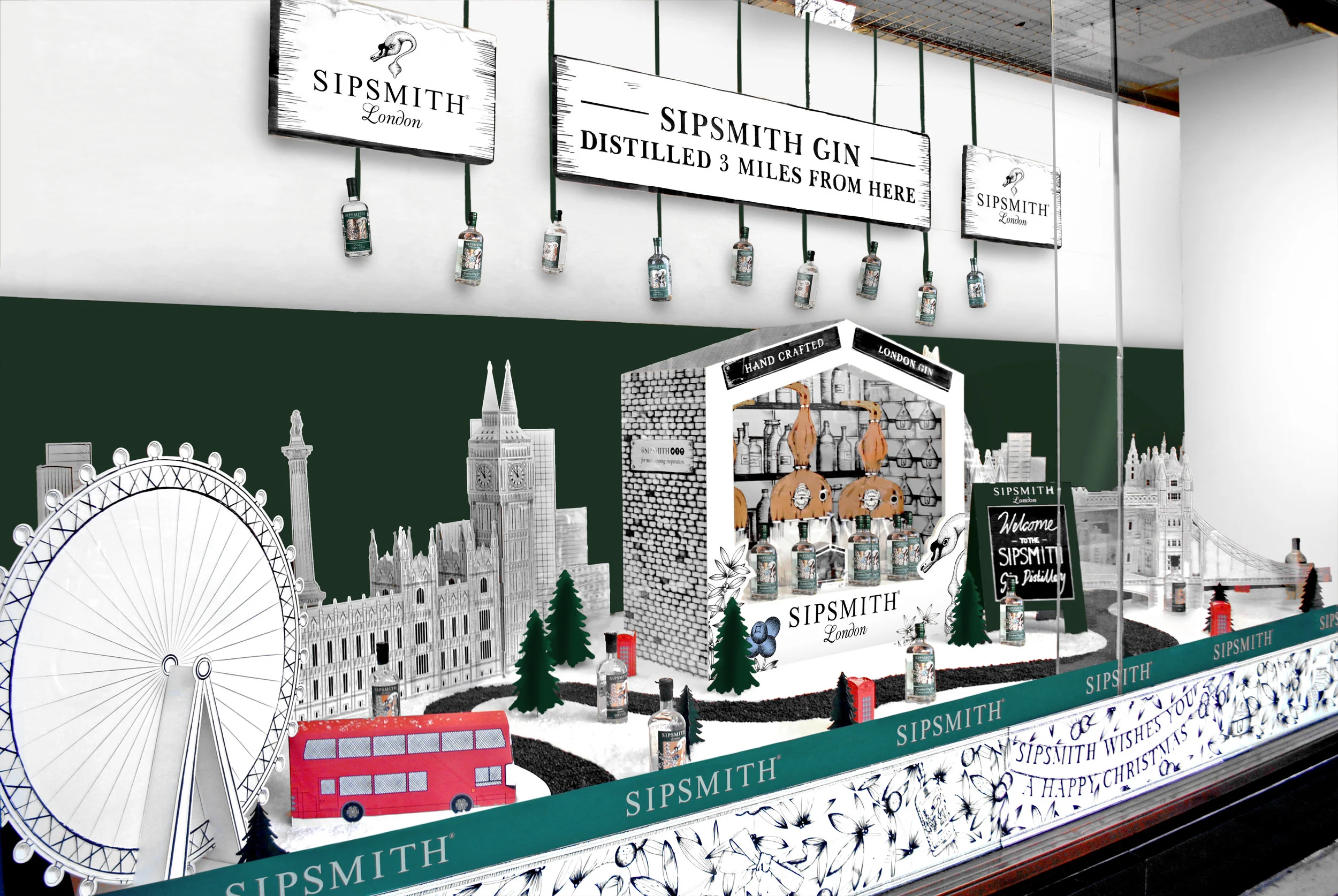 illustration and 3d design for sipsmith gin's christmas window display 