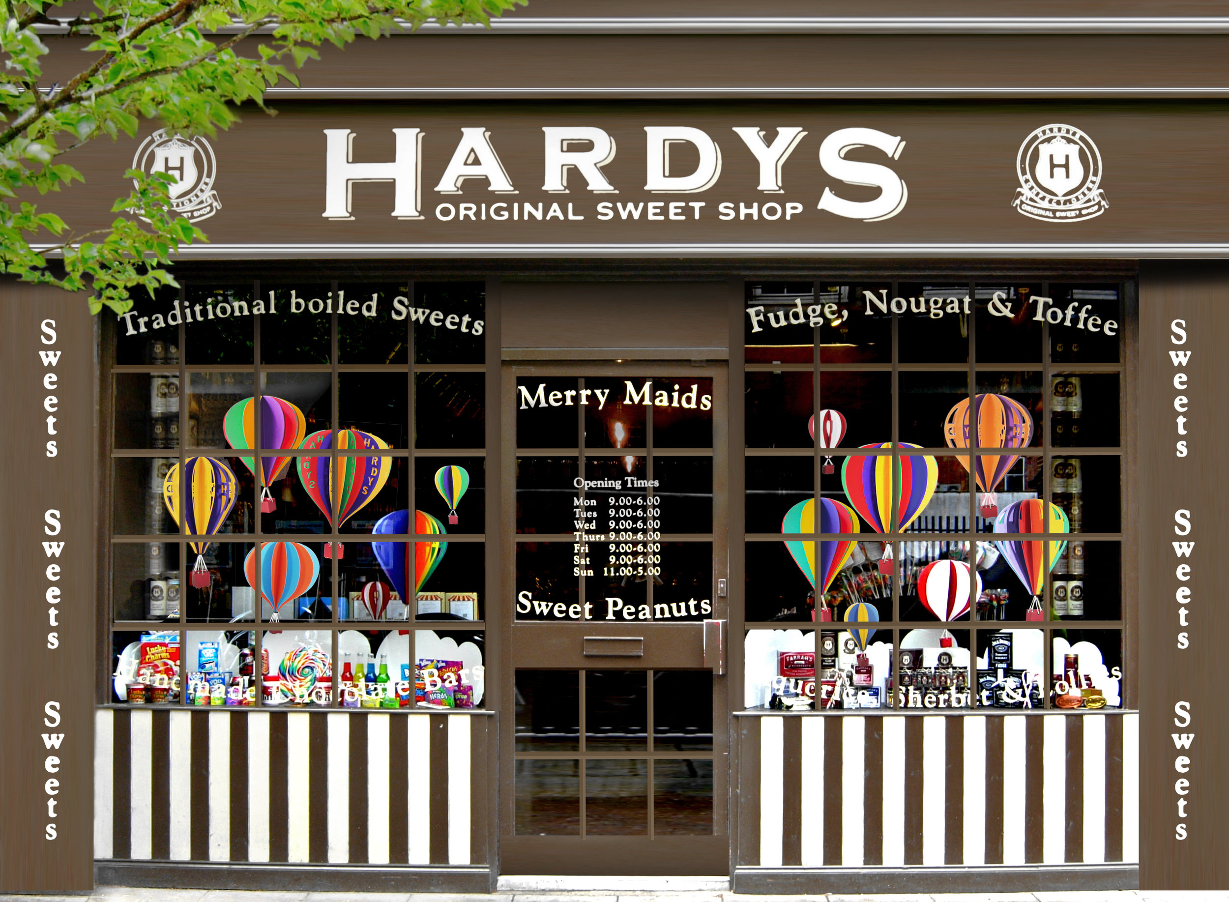 Hand cut paper window display for hardy's original sweet shop
