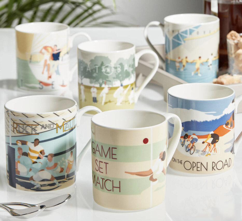 six illustrations for a range of sports themed mugs