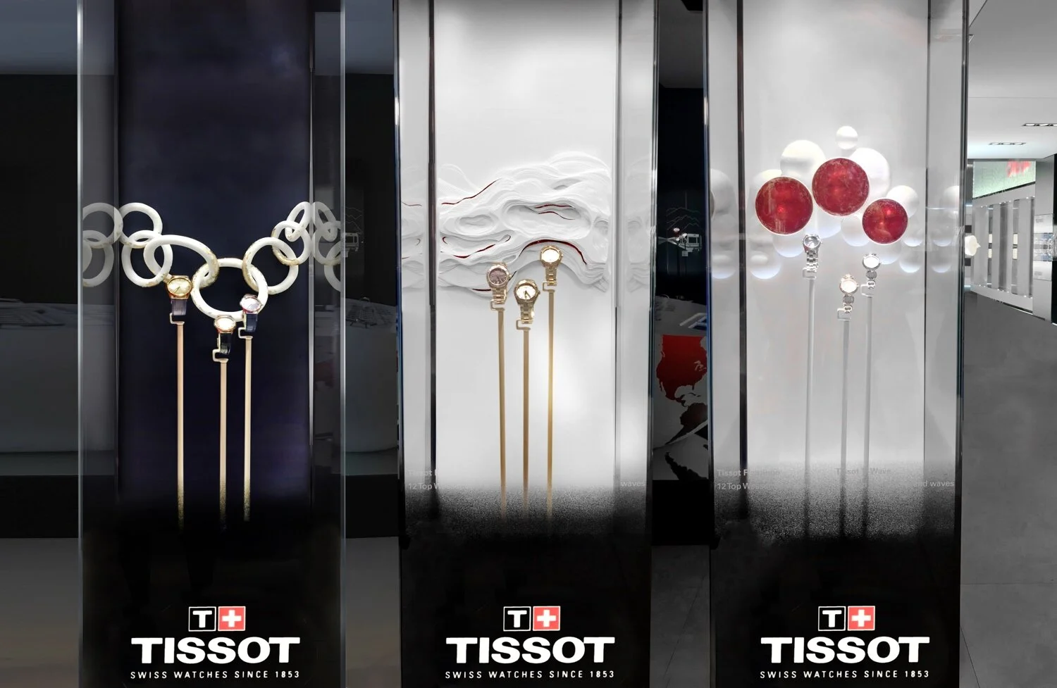 hand cut and sculpted mixed media display pieces for three tissot of switzerland collections