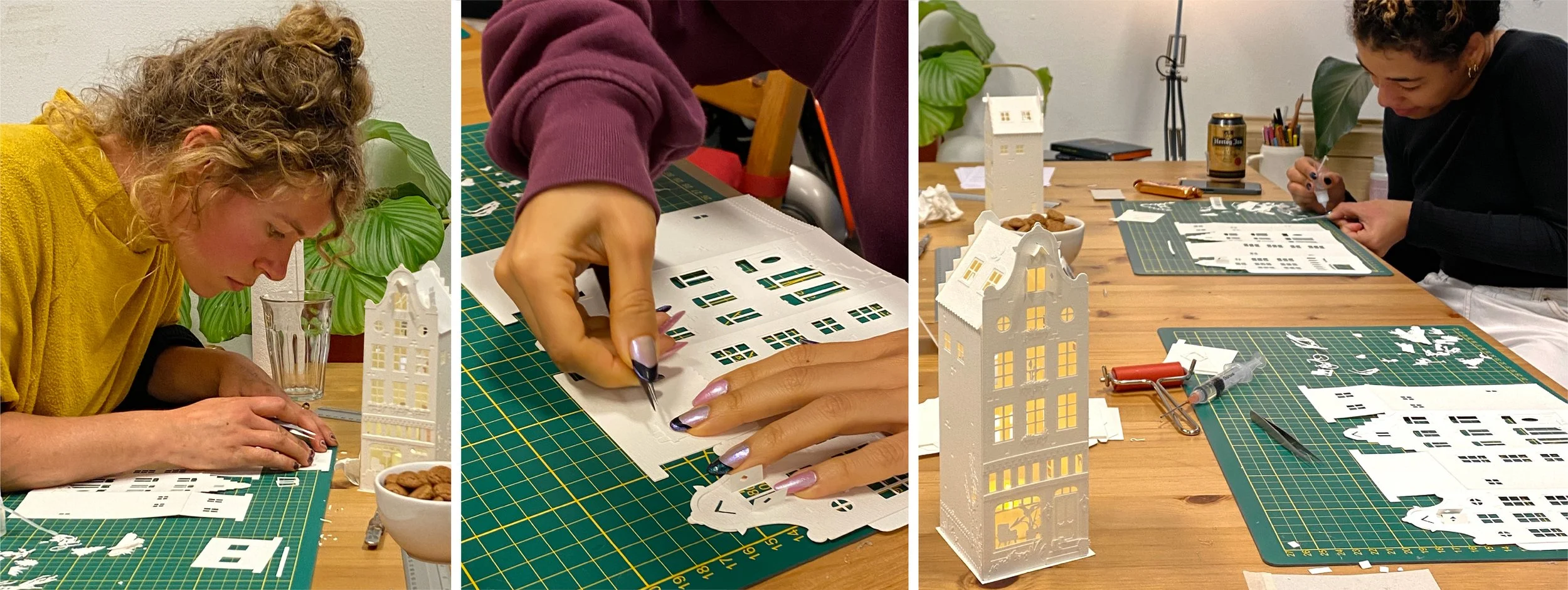  With guidance from professional paper artist Emi Hazlett, you can make your own paper Amsterdam canal house!   Emi can bring the workshop to you, or provide a comfortable and spacious studio with basic catering facilities in the Amsterdam Plantage a
