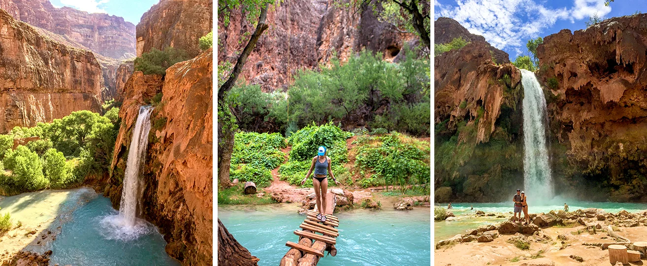 From left to right: My very first view of Havasu Falls. Creek crossing. At the base of Havasu Falls on our first day (the only day with sun!)