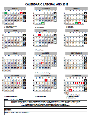 Calendario Laboral Año 2018