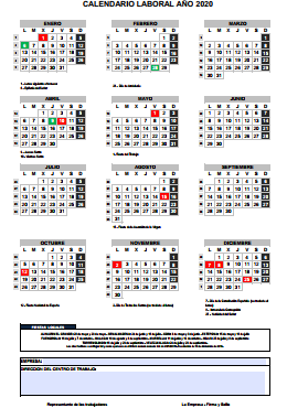 Calendario Laboral Año 2020 / 2020 Work Calendar