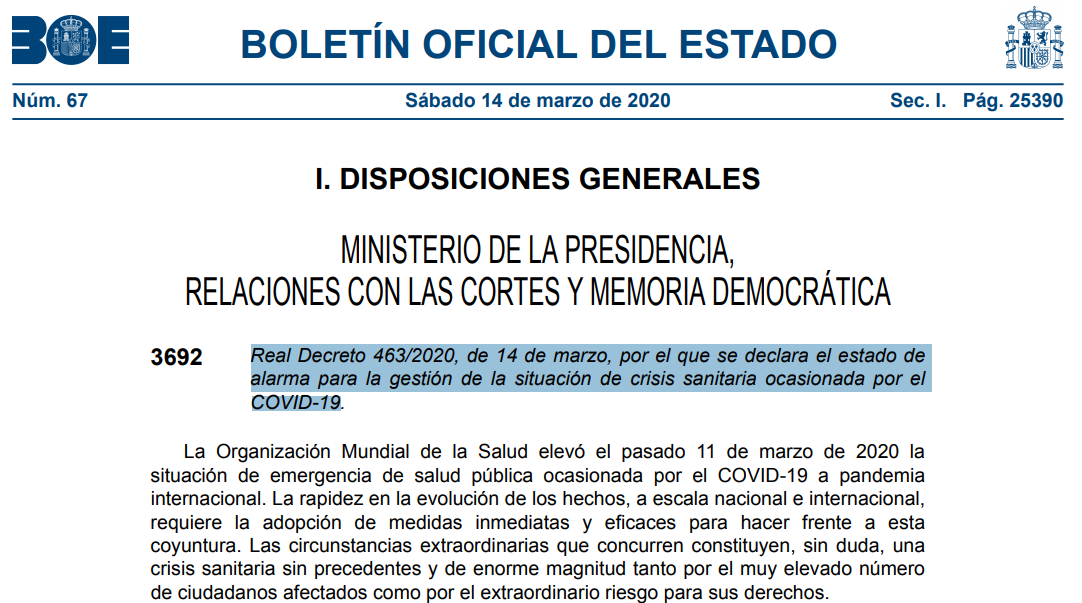 El Gobierno declara el estado de alarma por el COVID-19 y anuncia la próxima aprobación de medidas laborales.