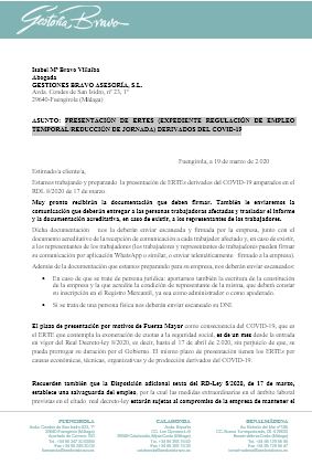 ASUNTO: PRESENTACIÓN DE ERTES (EXPEDIENTE REGULACIÓN DE EMPLEO TEMPORAL/REDUCCIÓN DE JORNADA) DERIVADOS DEL COVID-19