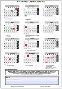 Calendario Laboral año 2022 y Registro Jornadas