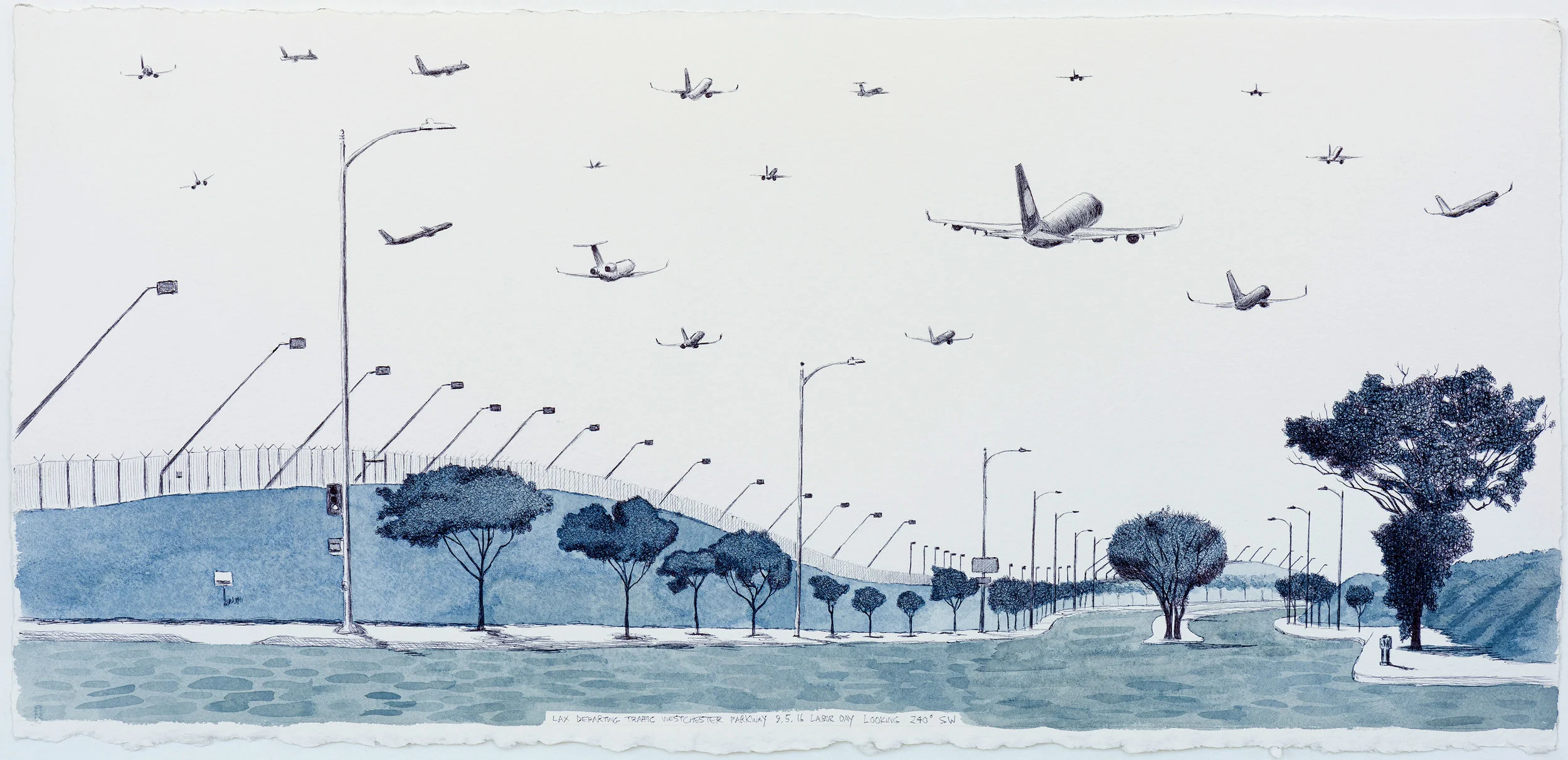 LAX Departing Traffic Westchester Parkway. 9.15.16. Labor Day 2016 Looking 240 Degrees SW. 2017 Ink and gouache on paper - 14'' x 30''