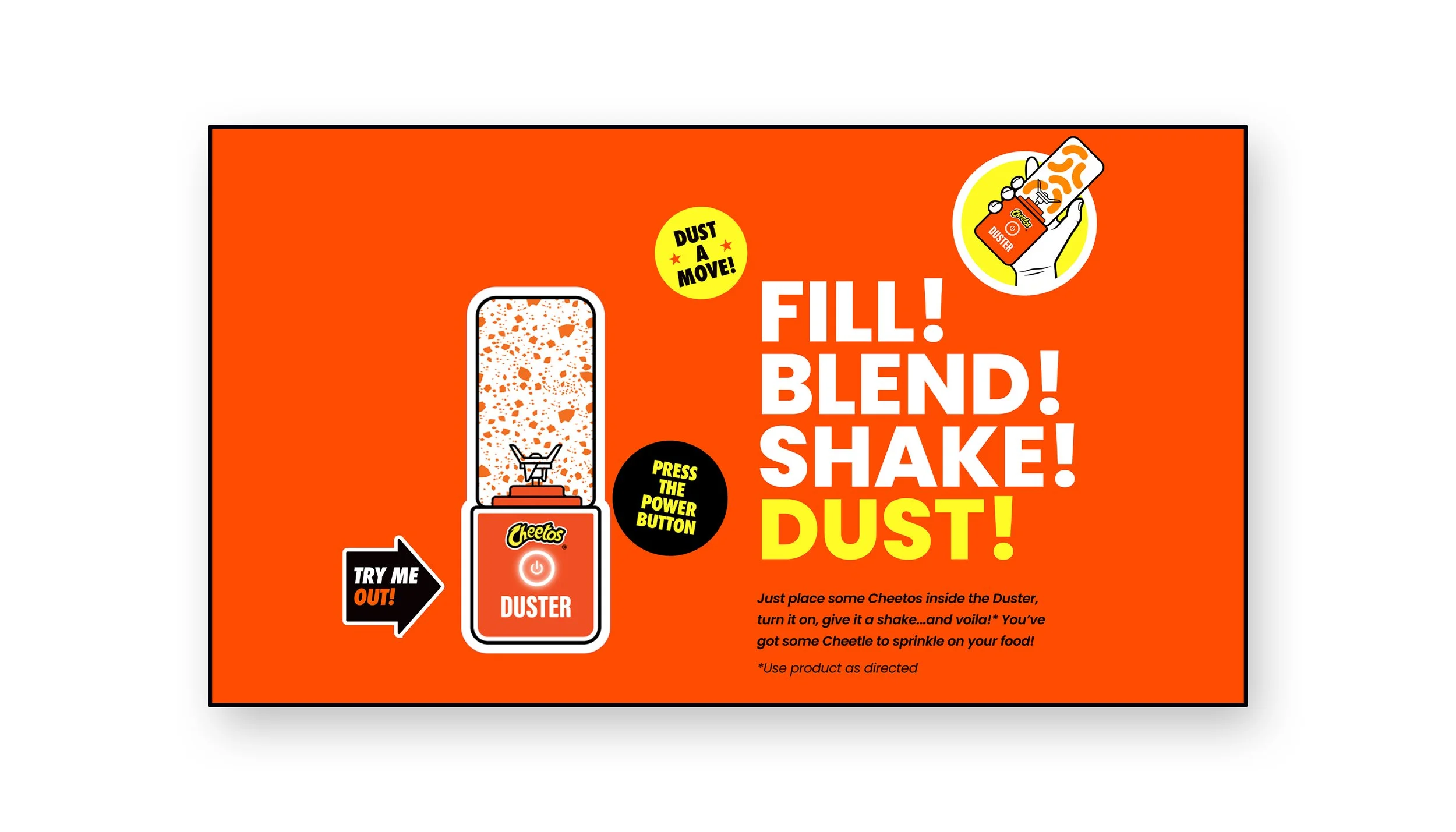 Instruction card with orange background showing a Cheetos Duster gadget, encouraging users to fill, blend, shake, and dust snacks. Features a graphic of a phone with a Duster inserted, labeled with