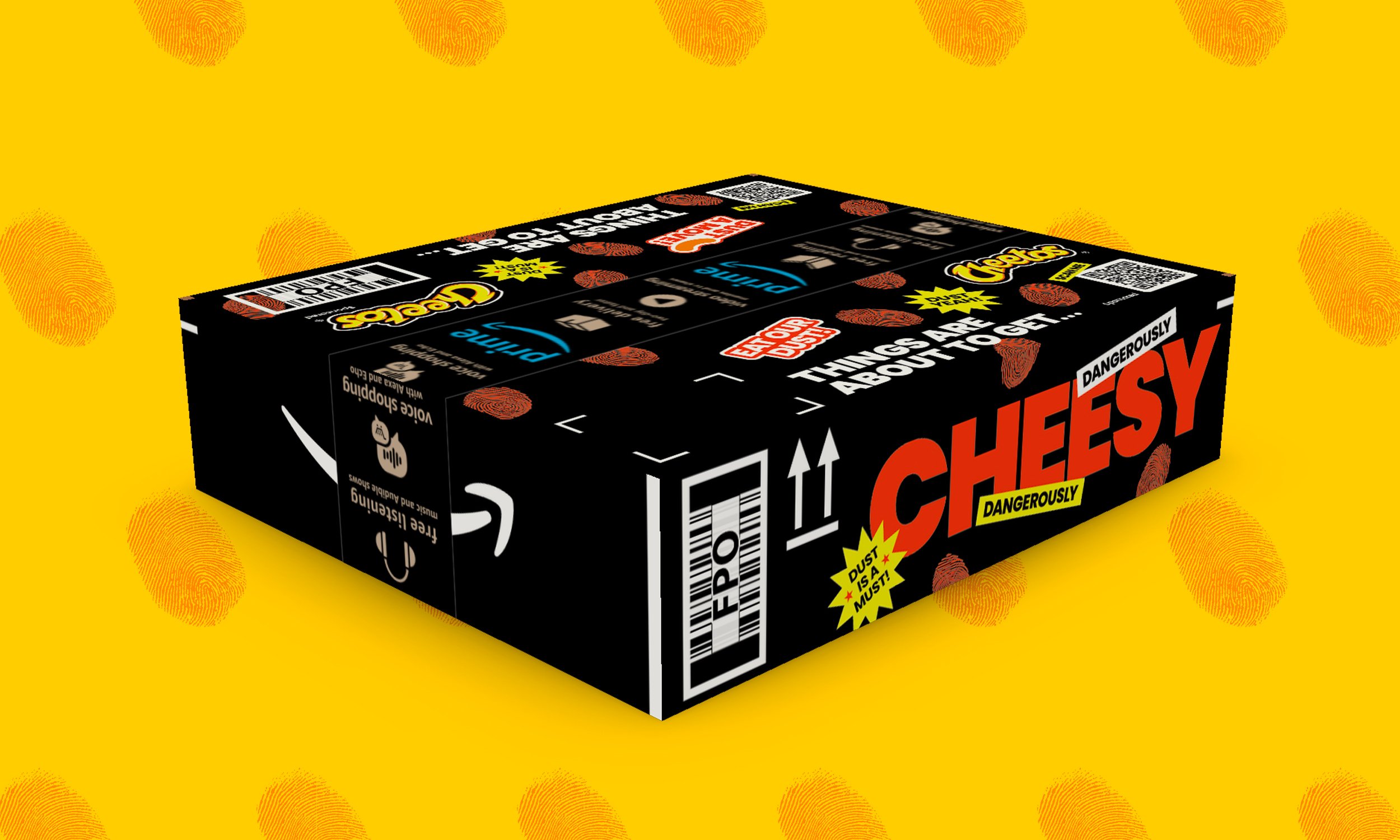 A black box with red and yellow hazard labels, containing Cheesy Frito-Lay snack, against a yellow background with orange fingerprint patterns.