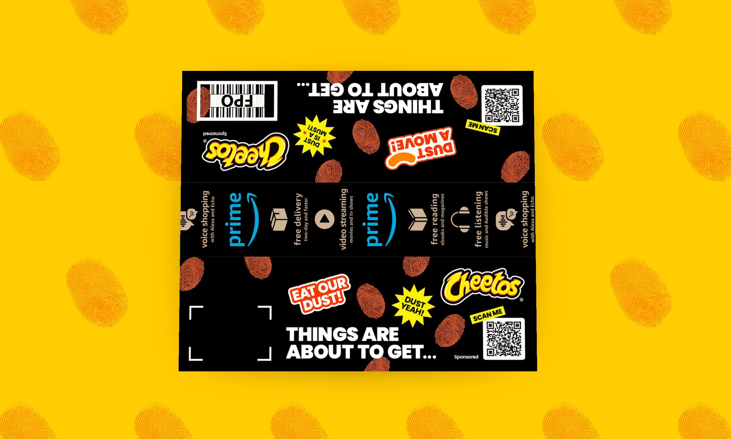 A colorful advertisement featuring snack brands Cheetos and Doritos with various promotional messages, QR codes, and a black background decorated with red fingerprint images, set on a yellow surface with fingerprint patterns.