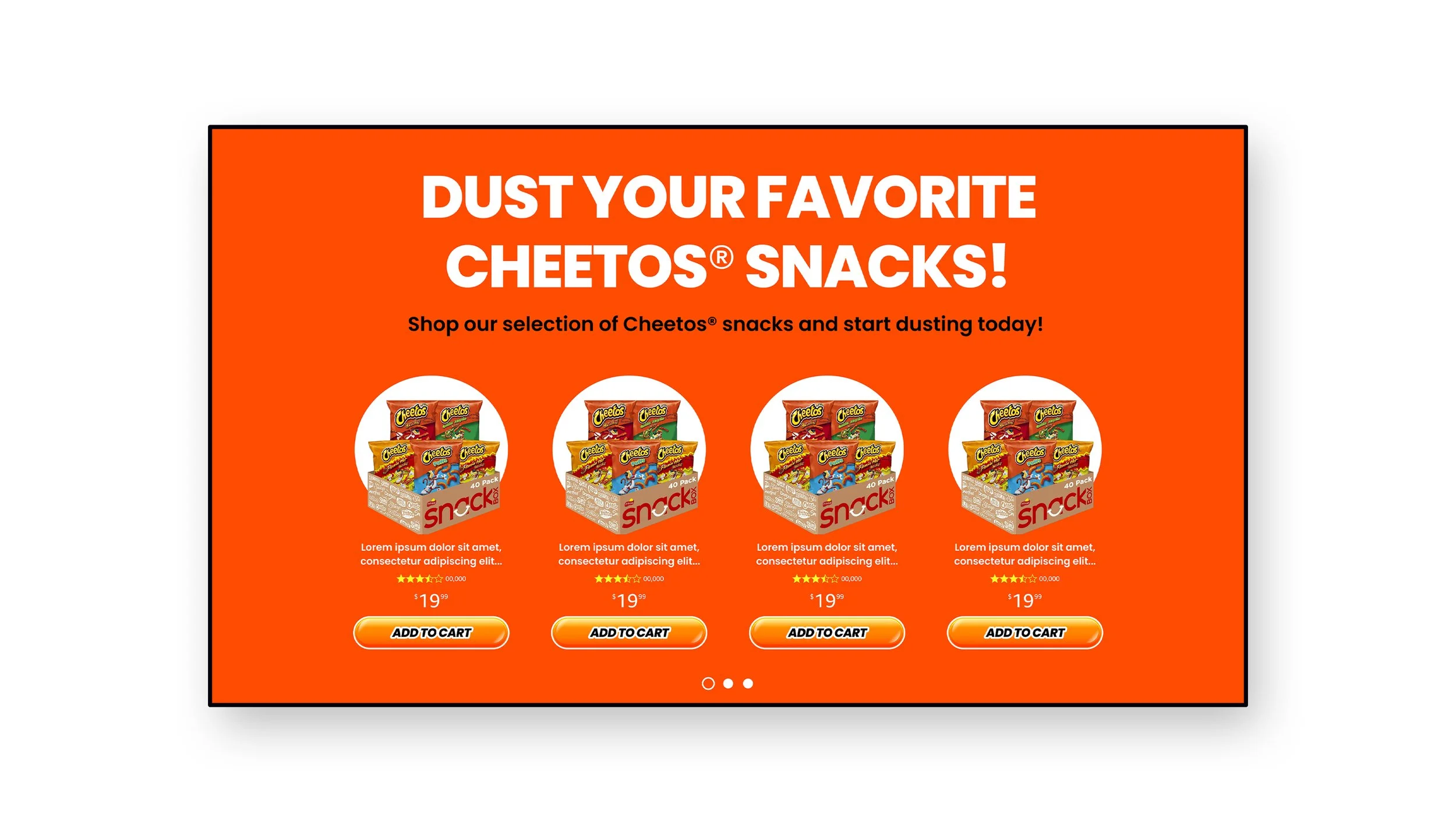 Digital advertisement promoting Cheetos snacks with a bright orange background, featuring images of snack packs in a box, and a call to action button labeled 'Add to Cart'.