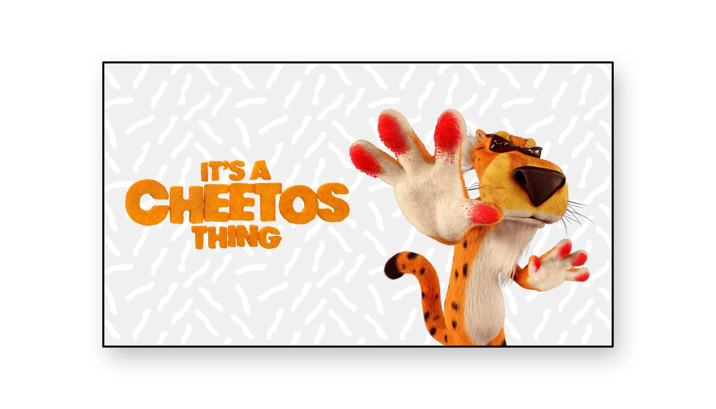 Animated character of a cheetah wearing sunglasses, extending its arm with a paw showing red painted claws, and text that says "It's a cheetos thing" in orange. Background features a white pattern.