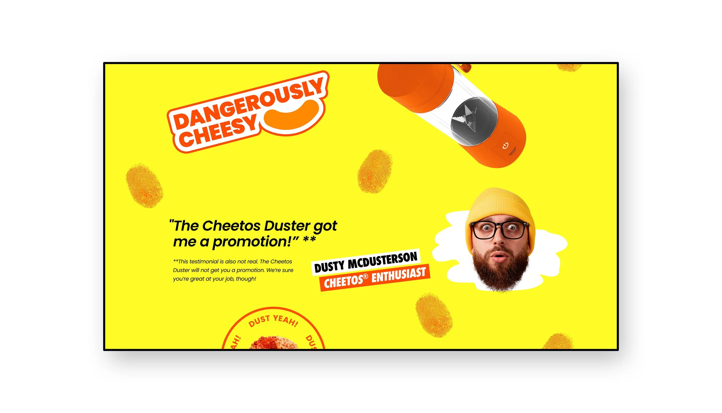 Bright yellow advertisement with various fingerprint images and a product shaped like a bottle. Text includes a quote about the Cheetos Duster, a photo of a man with glasses, a yellow beanie, and a beard, and promotional slogans related to Cheetos and dust.