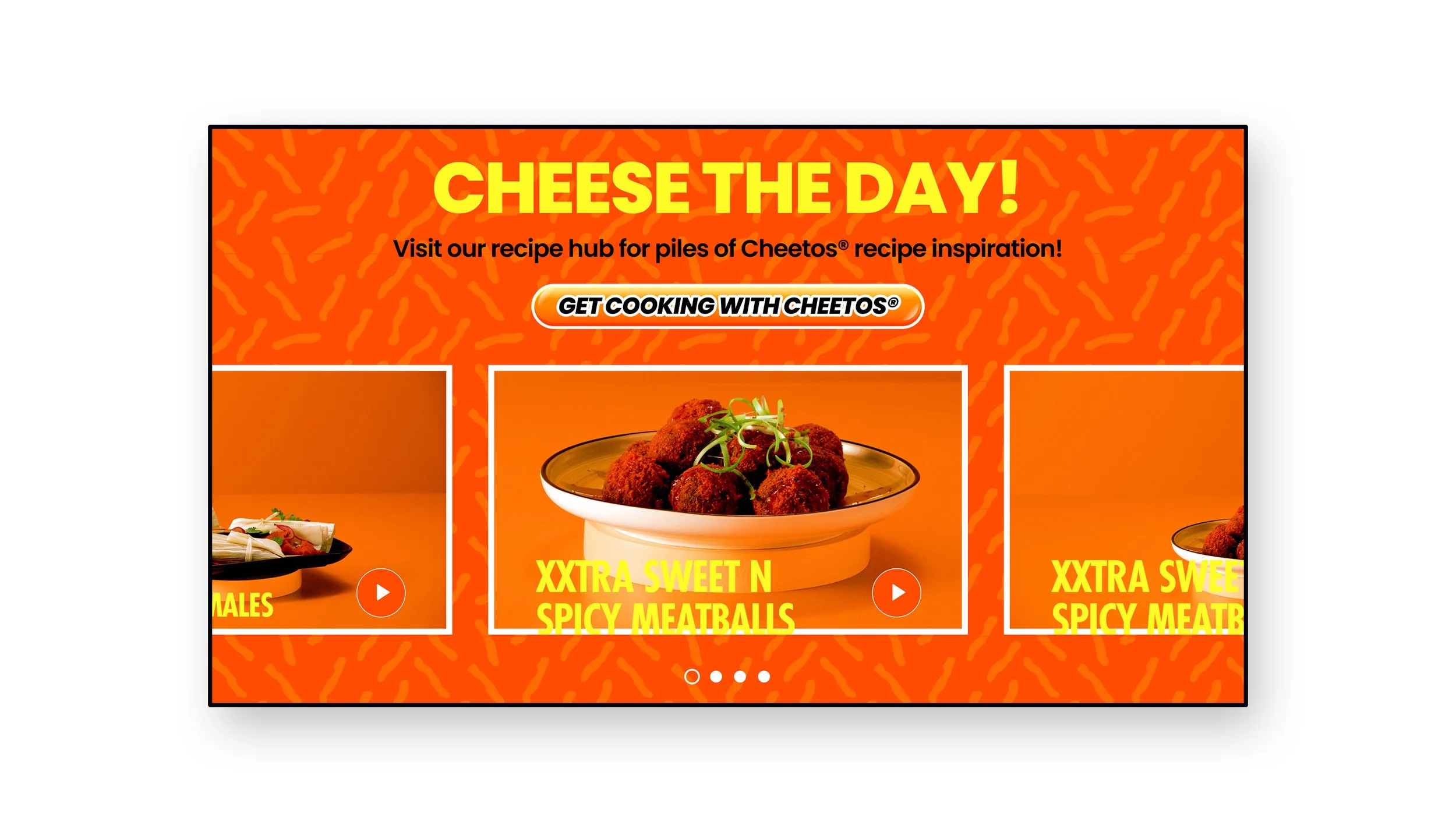 Digital screen displaying a promotion for Cheetos snack recipe with a plate of spicy meatballs garnished with microgreens in the center, surrounded by orange background and text promoting recipe inspiration and cooking.