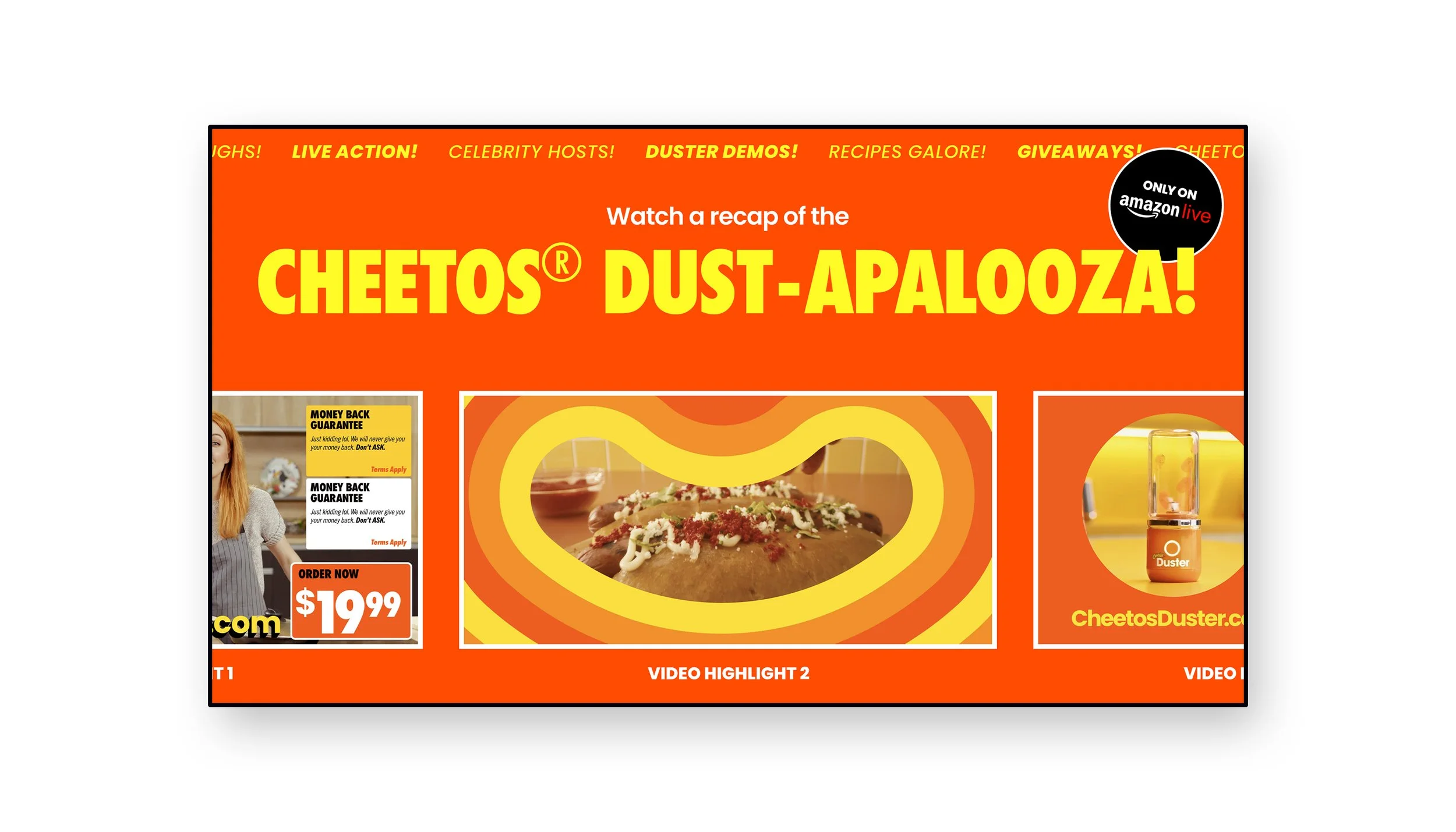 Promotional webpage for Cheetos Dust-Apalooza featuring a bright orange background, large yellow text, a central image of a taco with Cheetos dust, and smaller images of a woman and a blender, with various headlines and a price of $19.99.