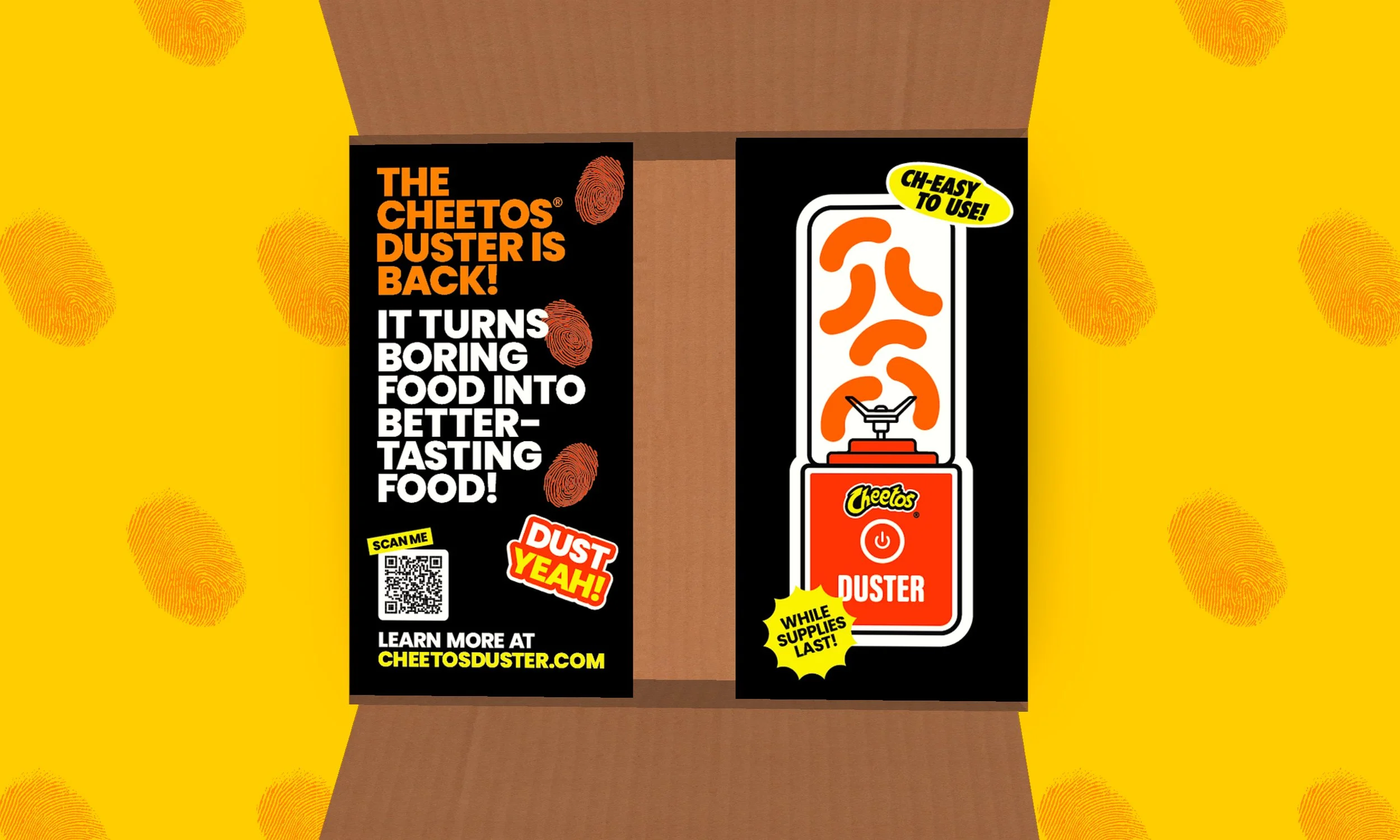 Cheetos Duster packaging with instructions and promotional details. Bright yellow background with fingerprint patterns, black and white informational panels, and a red Duster device.