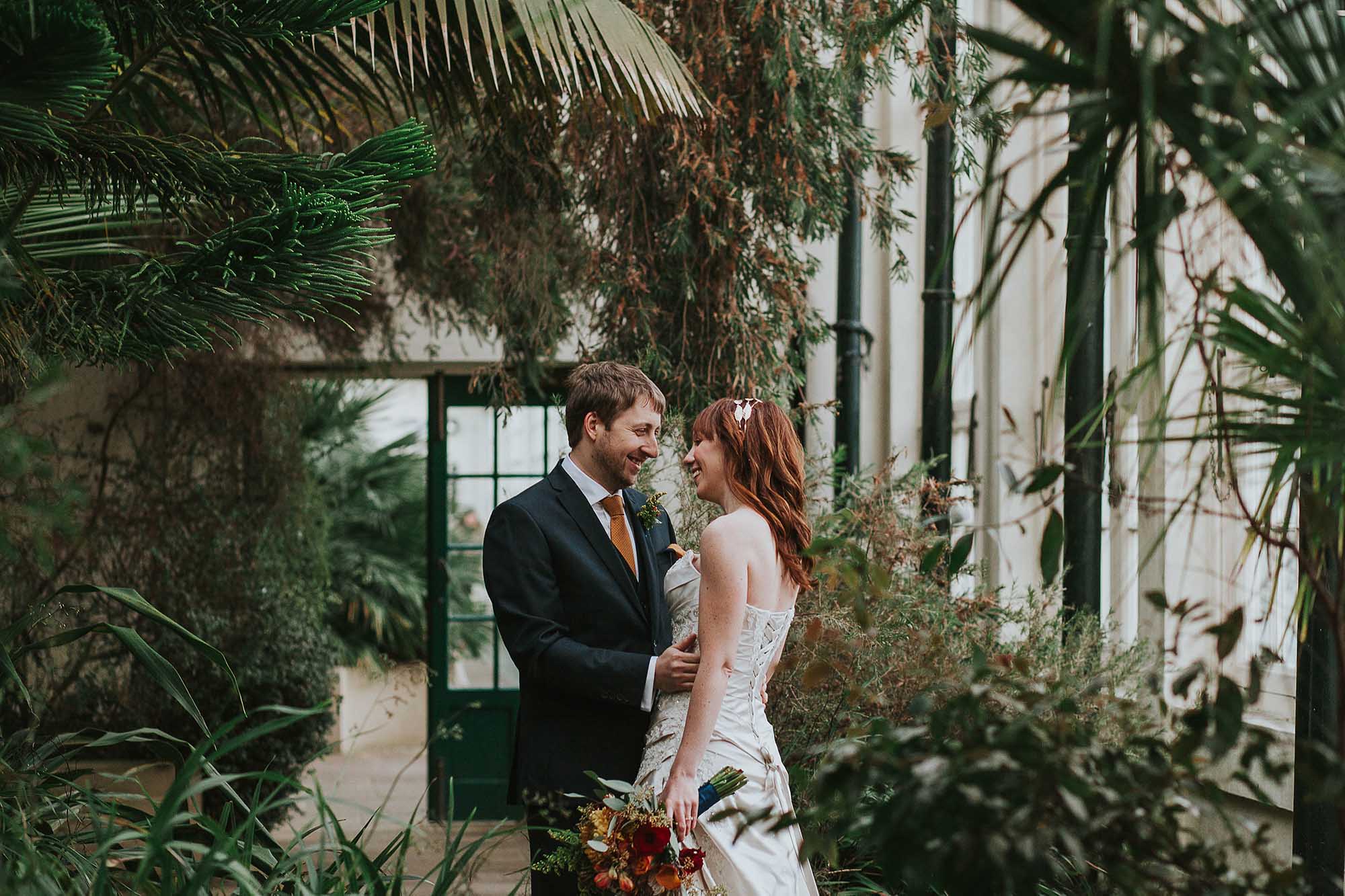 bride and groom at Sheffield Botanical Gardens