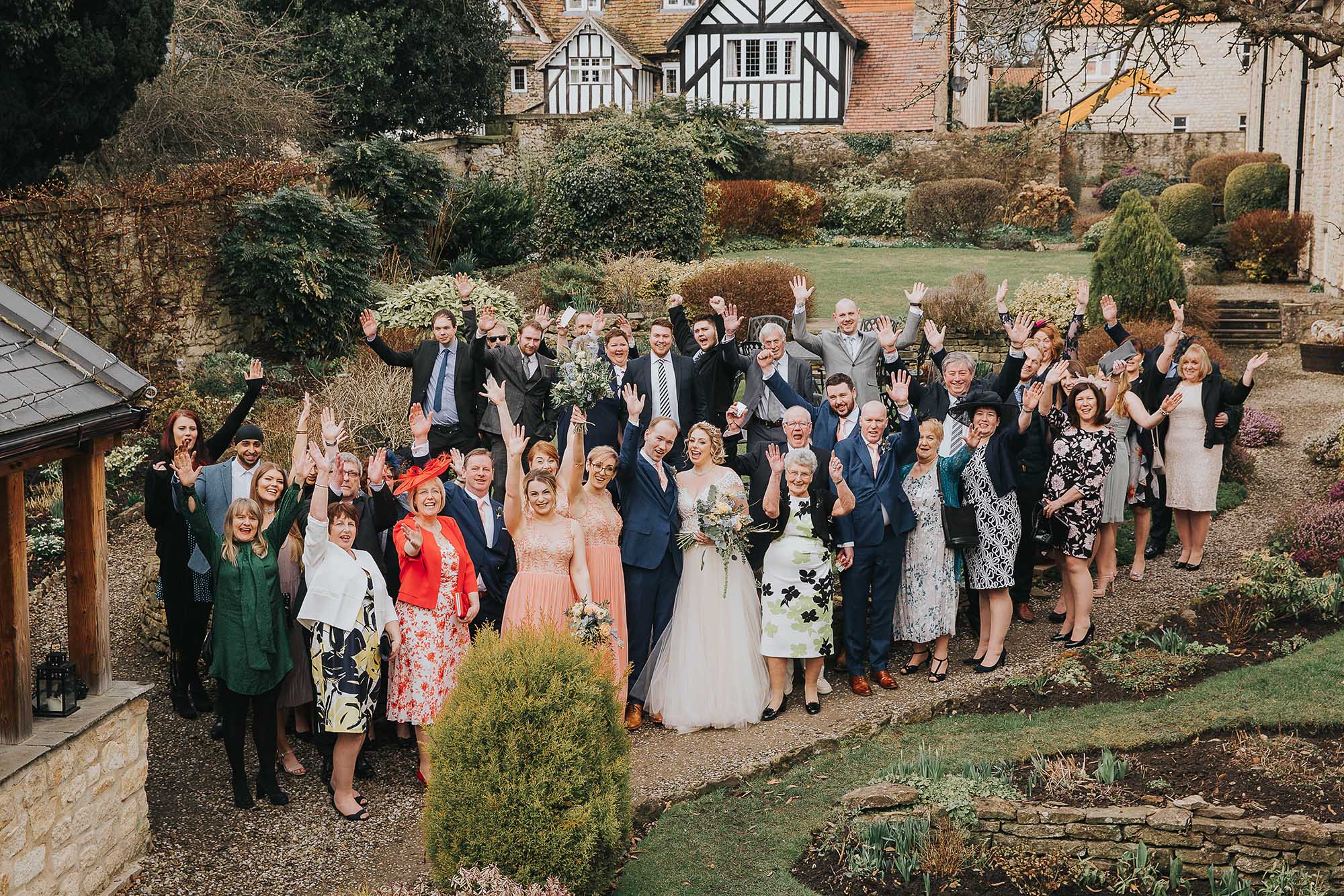 big group photography in the gardens at The Black Swan Helmsley