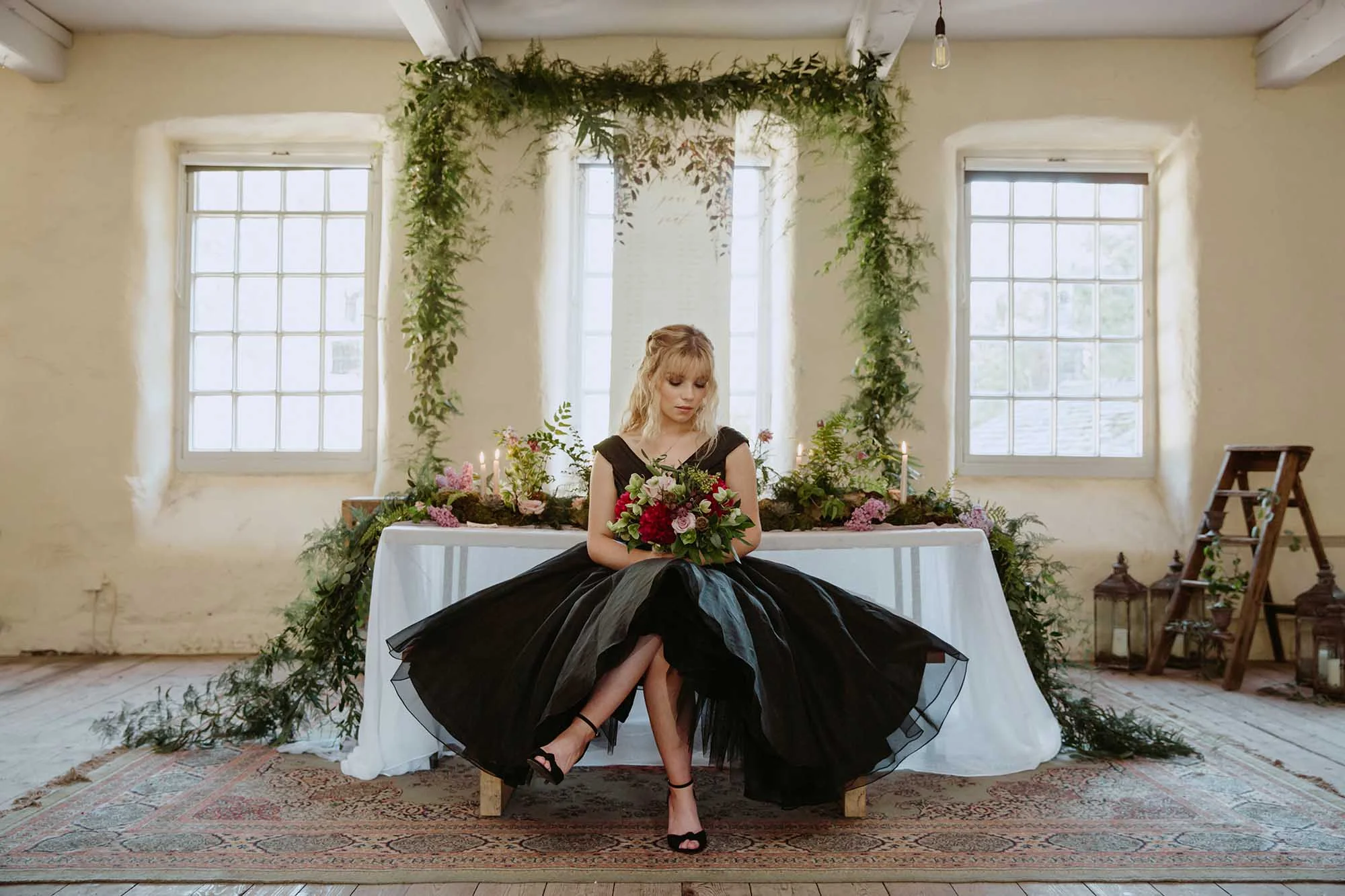 bride wearing a black wedding dress in Yorkshire