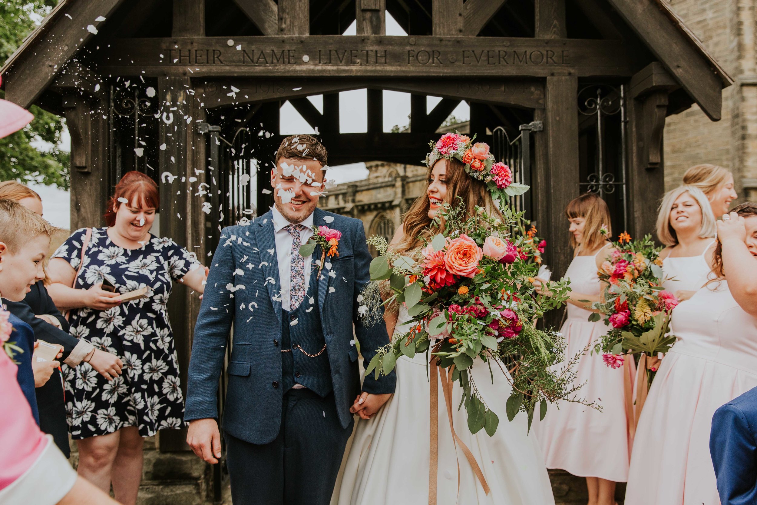 Bride and groom with confetti Leeds