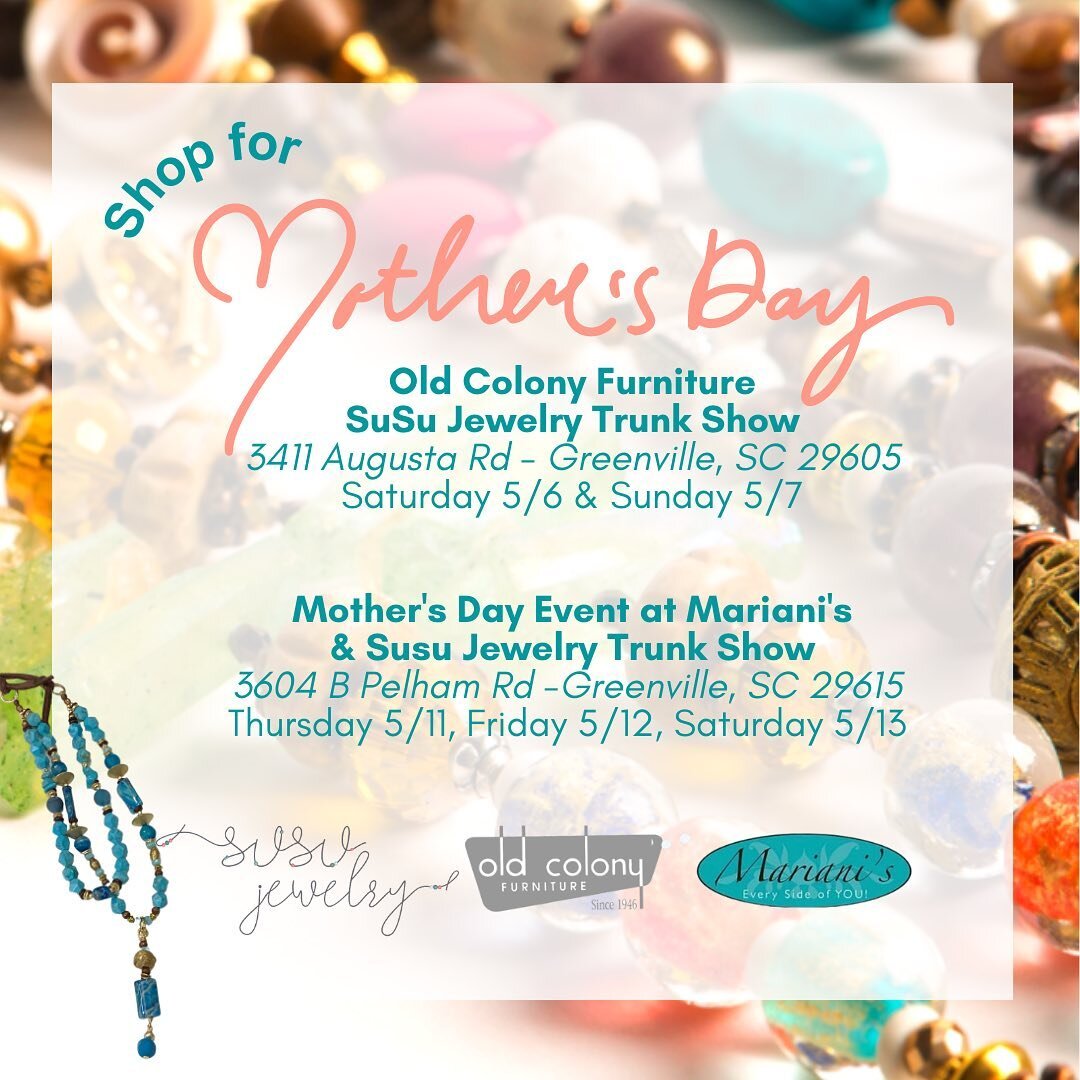 2 more weekends until Mother&rsquo;s Day means two more weekends to buy some SuSu Jewelry as a special gift! Join me this weekend at @oldcolonyfurniture and next weekend at @marianisgreenville! 

#shopgreenvillesc #shopgvl #yeahthatgreenville #jewelr