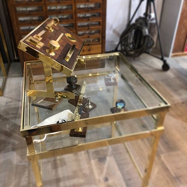 #wh new glass and brass display table at #wilmettehardware thanks team for making and finishing for me in a week!!!