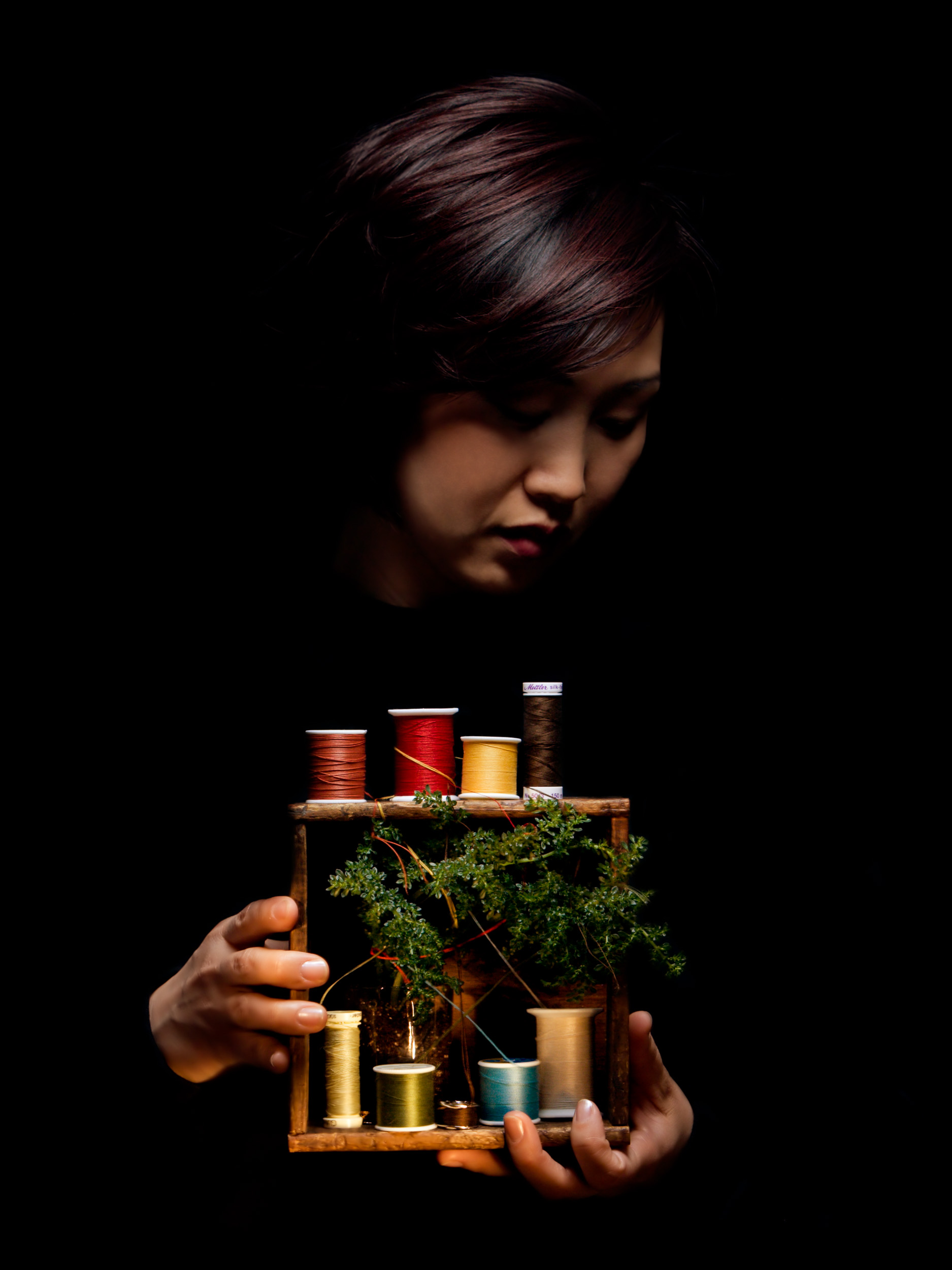 The small fern inside the box represents my belief that in life, we are all one with nature, and in death, we will return to nature. The spools of thread outside the box represent my connection to those nearest me. The spools on the inside of the box represent my connection to self. All the spools of thread are knotted and pulled from the limbs of the fern... illustrating the tension involved in my need to tend and mend those around me as well as my internal struggle to understand and repair myself. The contents define my compromise between scientific reality and metaphysical existence. Kimberly G. Lawrence, Kansas 2006