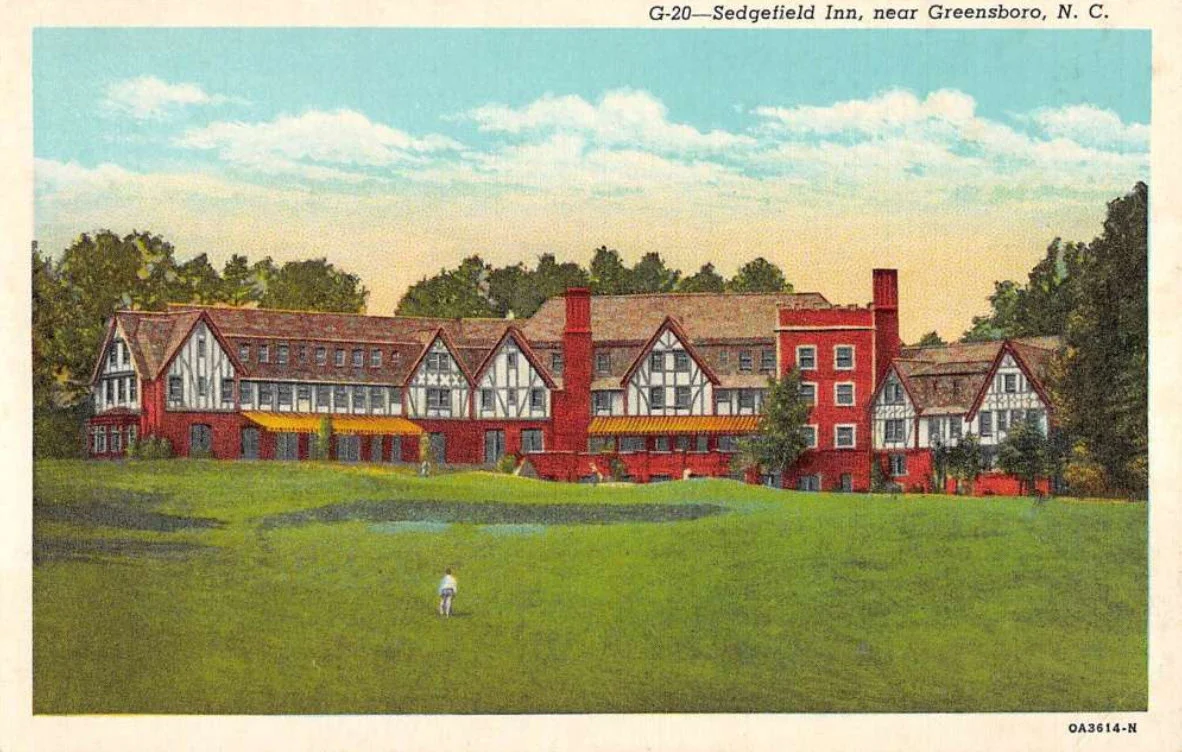 A vintage postcard shows the view from the ninth fairway at Sedgefield, the venue for the PGA Tour's Greensboro tournament from 1938-76 and 2008 to the present.