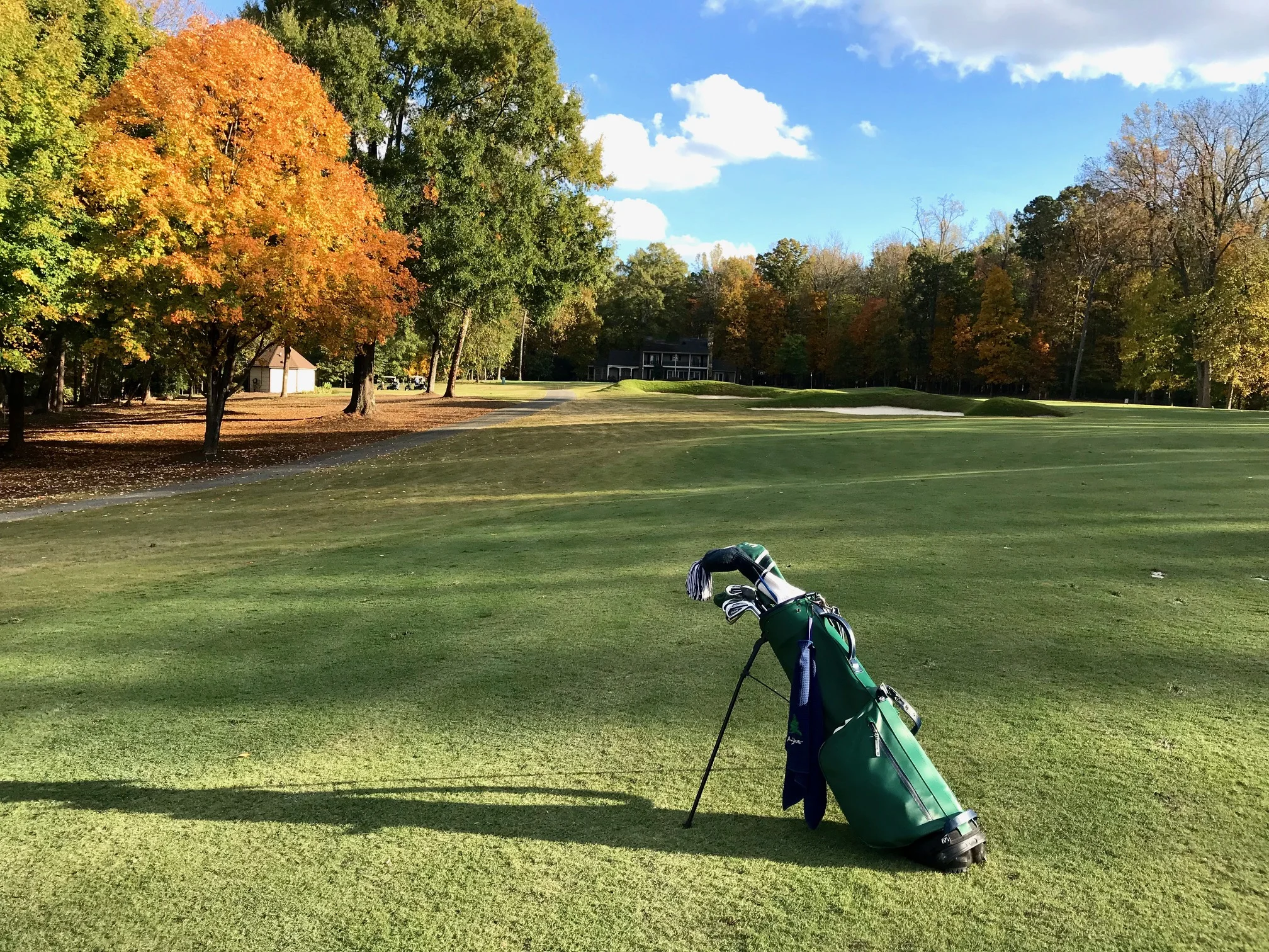 A pair of bunkers guarding the green of the par-four thirteenth suggest approaching from the right side of the fairway--not the left side as your humble correspondent has done here.