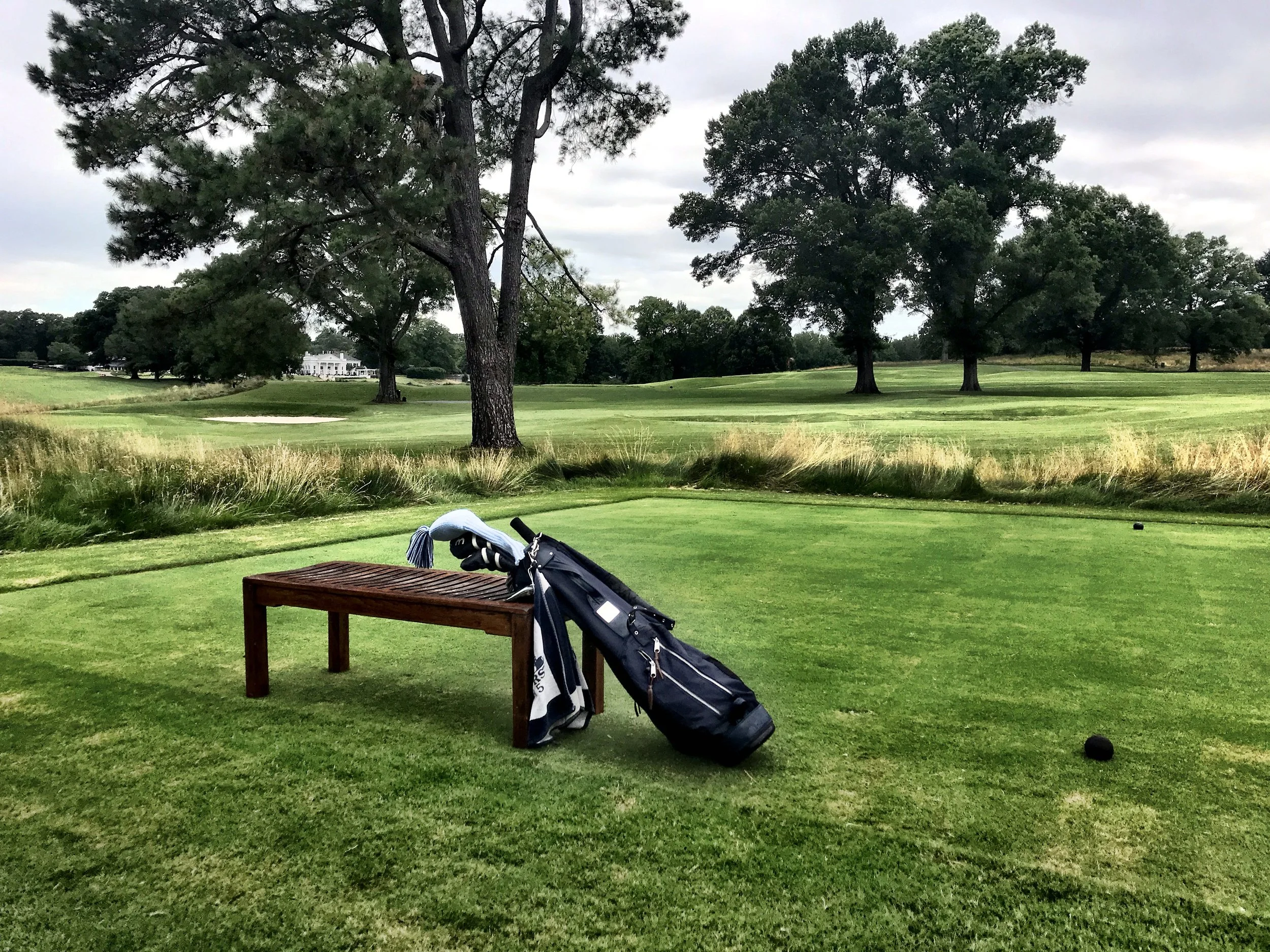 The clean look: Just a handsome wooden bench on the tee of each hole, letting the wispy accent grasses, stately trees and rolling ground dominate the vision.