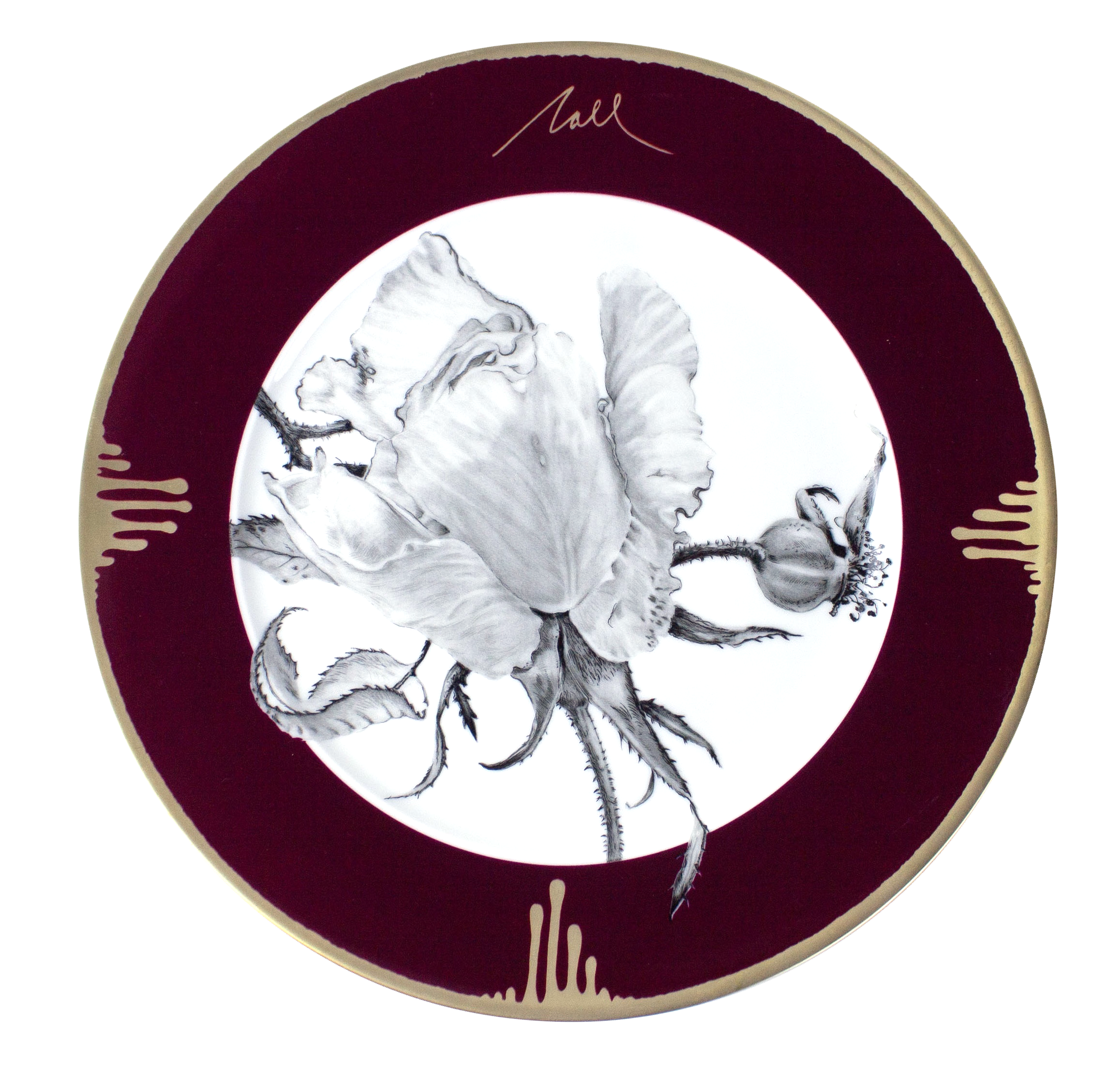 Close-up of a round sticker with a dark red background, featuring a white flower illustration in the center and a signature at the top, with the word 'Luxe' at the bottom.