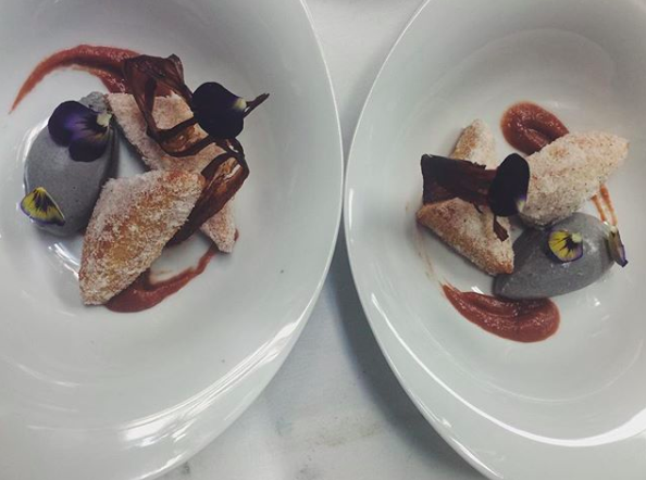  black sesame ice cream, rhubarb jam, rhubarb tuile, sourdough beignet 