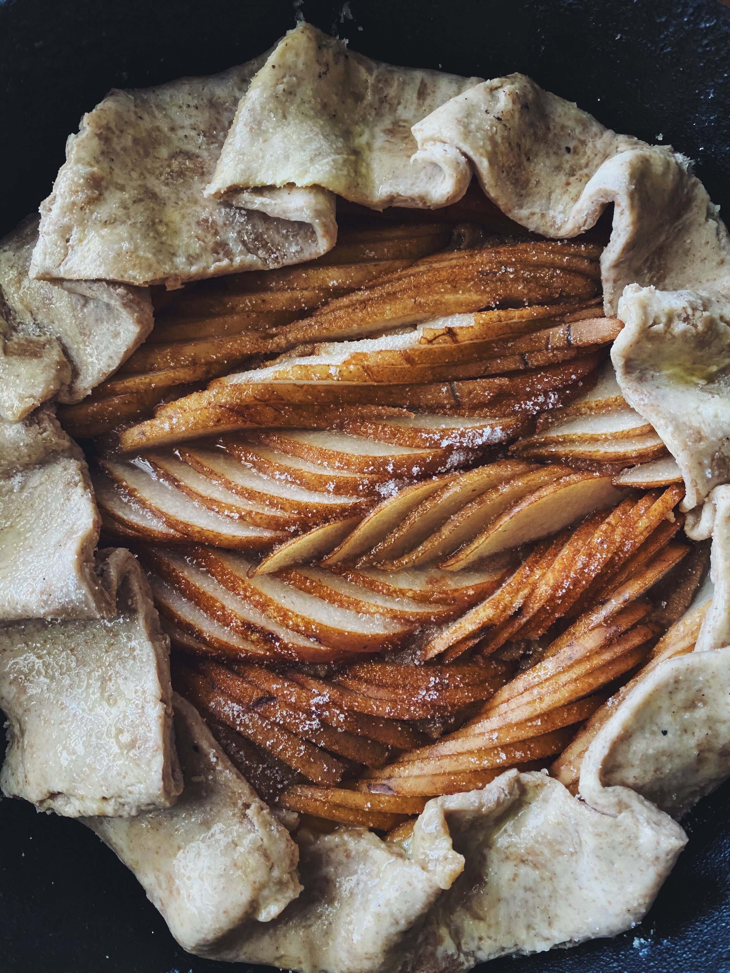 sunflower butter frangipane. stone ground red wheat. california pears