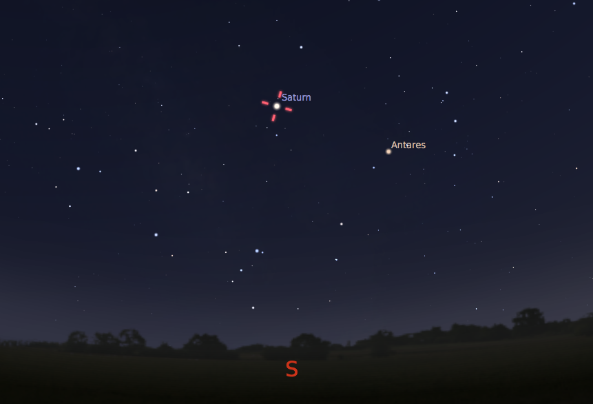 Saturn as seen in the southern sky just after 10:00 p.m. during the middle of August.