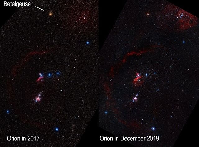 The familiar constellation of Orion looks a little bit different in recent weeks.  The next time it's clear, see if you can see why.

In the upper left corner of the great rectangle of Orion is the bright, red supergiant star Betelgeuse- (which is re