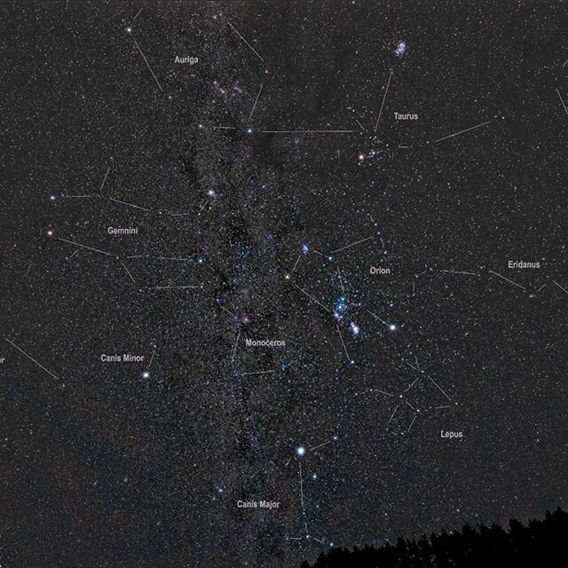 A wide portrait of the winter constellations in the southern sky as seen from JGAP on January 21, 2020.  At the center is Orion, the great hunter.  Beneath him is Lepus, the hare.  Above that are Gemini, the twins, one of the constellations of the zo