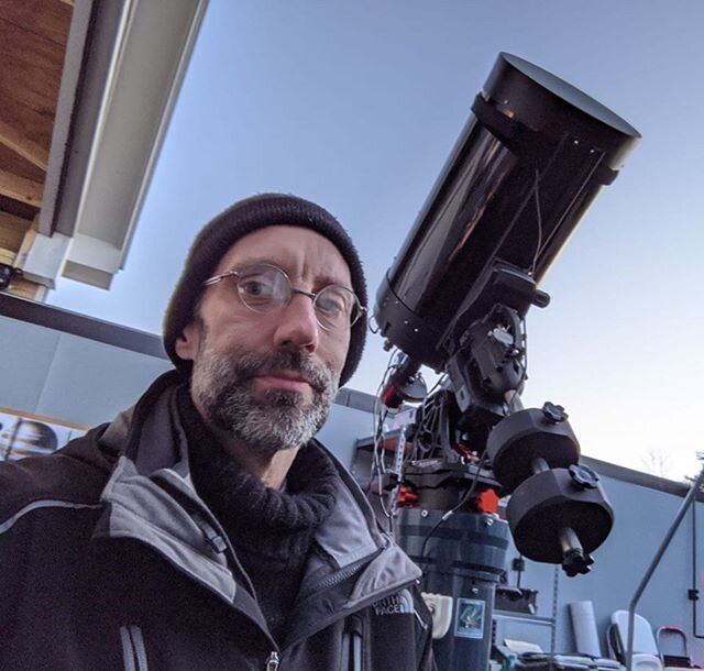 This is a selfie taken by Joe at the JGAP's C-14 telescope which he used to take the previous image in this Instagram feed of the Cone, Christmas Tree and Fox Fur nebulas.

#jgastropark #joerenzetti #c14 #telescope #sct #schmidtcassegrain