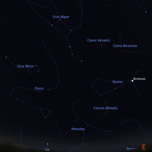 Featured Constellation: Corona Borealis.

Rising in the Northeastern sky about two hours after the Big Dipper, the distinct curve of stars that make up Corona Borealis span an area about the size of your fist held out at arms length.

As with many di