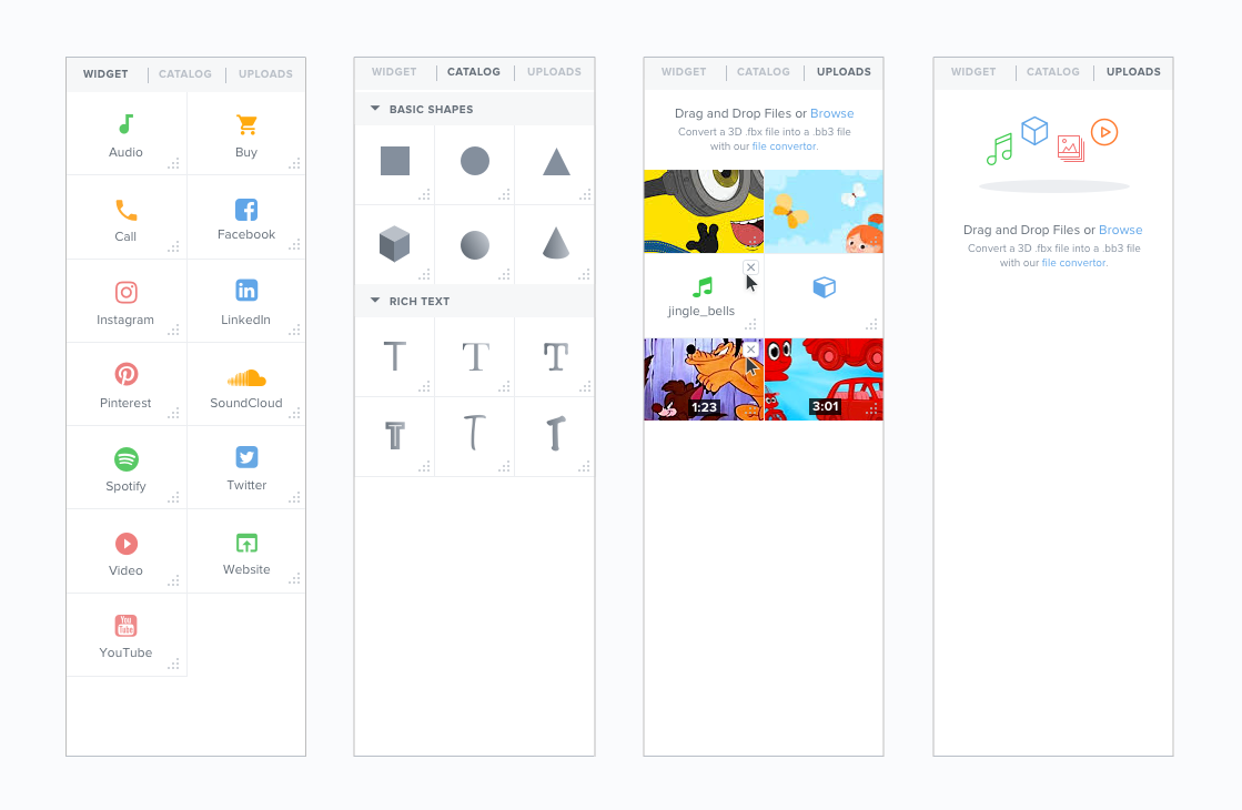 Panel for Widgets, Catalog (Primitive Shapes and Rich Text), and Upload Library