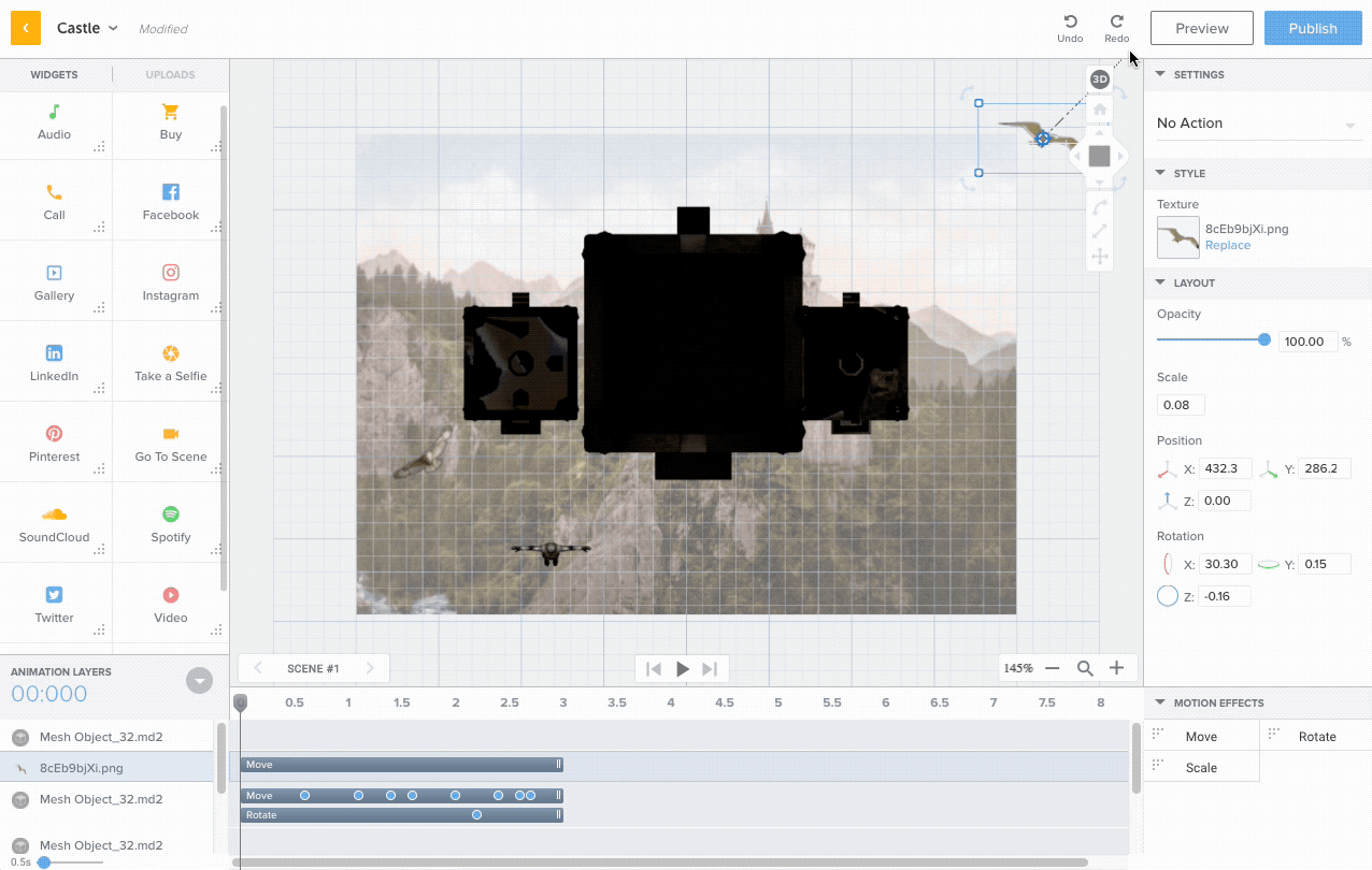 Gif of 2D/3D Transition and Playing Animation with Motion Effects