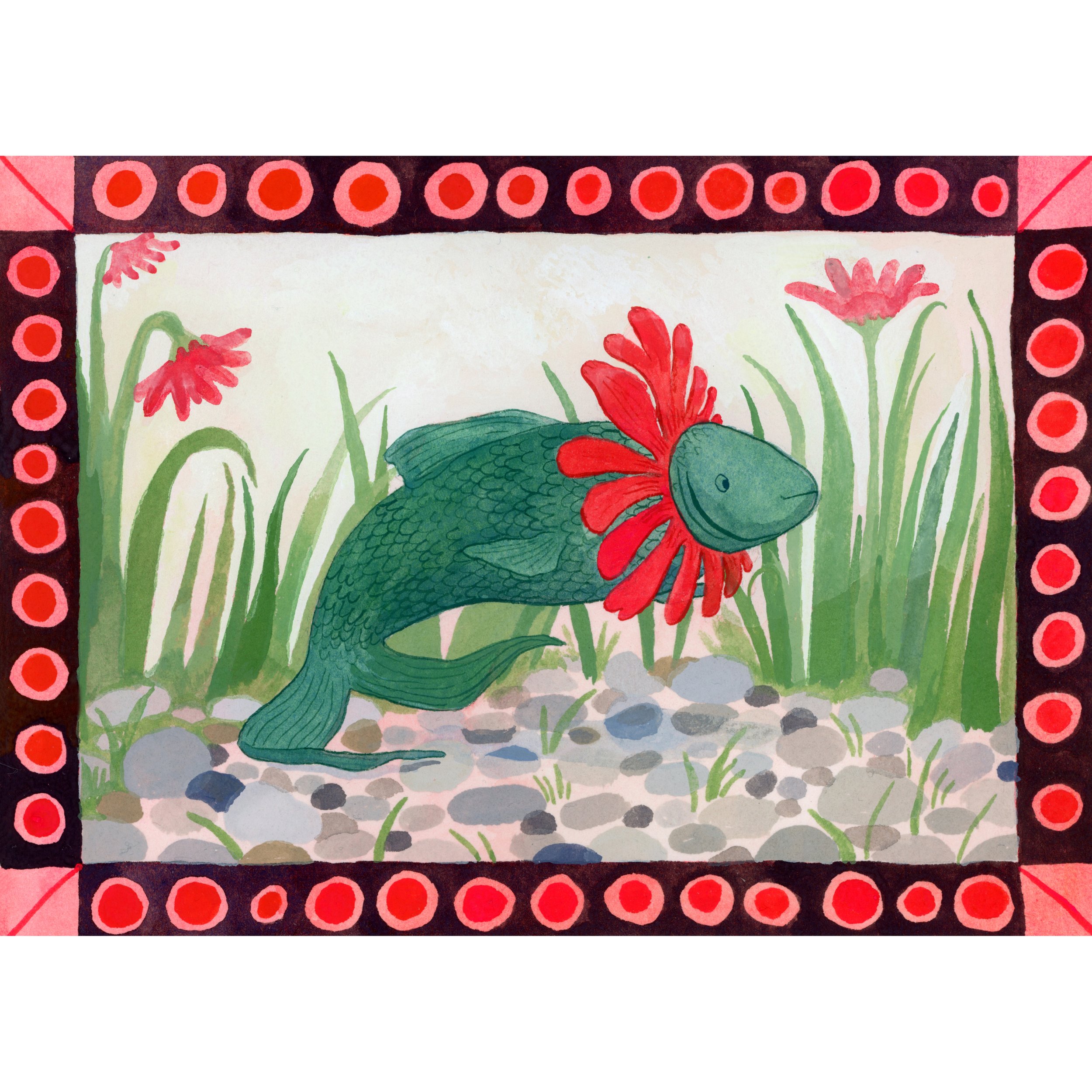 Flower Fish Original Gouache Painting