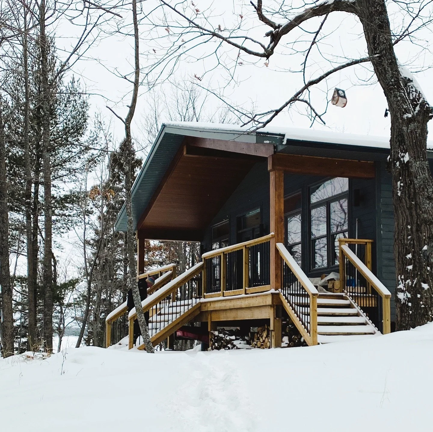 Smith Island Snow Fall 2024 🤍 
.
.
.
#cabinlife #cabininthewoods #cottage #slategrey #greywindows #cottagestyle #moderncabin #moderninspired #midcenturymodern #houseenvy #cabinvibes #cottagejournal #cottagelife #exteriordesign #northernontario #nord