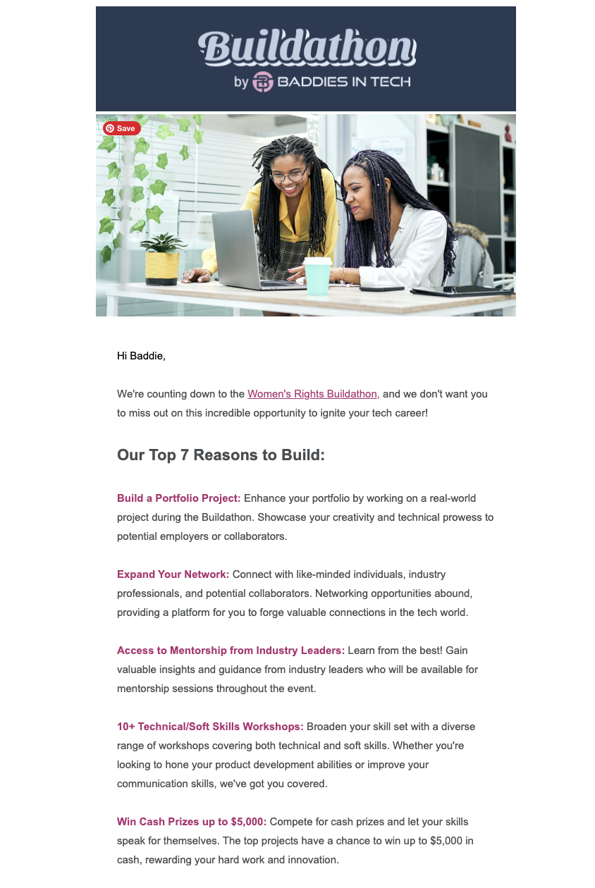 Baddies in Tech promotional and educational outreach email