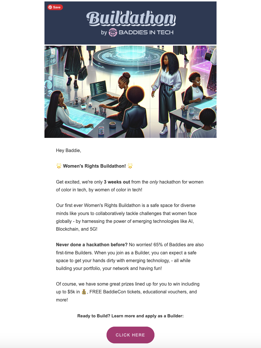 Baddies in Tech reminder email to Buildathon participants